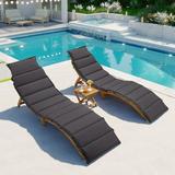 Patio Chaise Lounge Set Outdoor Wood 3 Pieces Cushioned Patio Folding Chaise Lounge Chairs with Foldable Tea Table Portable Extended Chaise Lounge Set for Outside Poolside Beach Lawn Gray