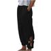 Womens Trendy Linen Pants Hollow-out Flower Design Loose Casual Lounge Beach Trousers Ankle length Pants with Pockets (Small Black)