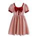 Kids Girls Dress Short Sleeve Square Neck Plaid Printed Plus Size Bowknot Spring Summer Cute Cartoon Sundress For Girls