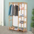 XJYMCOM Bamboo Clothes Rail Garment Rack Open Wardrobe Closet 147x90x30cm Coat Stands with 4-tier Storage Shelves Back Cover Clothing Hanging Tidy Rail Clothing Standing Rack for Bedroom Living Room