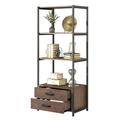 Home Office 4-Tier Bookshelf Industrial Bookcase Standing Shelf with 4 Open Storage Shelves Two Drawers Adjustable Leg Pads and Metal Frame 59.8 in Tall Display Shelf Brown