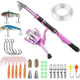 PLUSINNO Ladies Telescopic Fishing Rod and Reel Combos Spinning Fishing Pole Pink Designed for Ladies Fishing Girls Fishing Pole