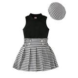 Qtinghua Toddler Baby Girl Summer Outfits Solid Rib Knit Tank Tops+Houndstooth Pleated Skirts+Hat 3Pcs Clothes Black 18-24 Months