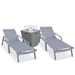LeisureMod Marlin Modern Grey Aluminum Outdoor Patio Chaise Lounge Chair With Arms Set of 2 with Square Fire Pit Side Table Perfect for Patio Lawn and Garden (Dark Grey)