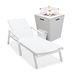 LeisureMod Marlin Modern White Aluminum Outdoor Patio Chaise Lounge Chair With Arms with Square Fire Pit Side Table Perfect for Patio Lawn and Garden (White)