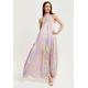 Abstract Print Maxi Dress with a High Neck in Lilac