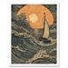Boat Sailing into the Sunset Linocut Illustration Art Print Framed Poster Wall Decor 12x16 inch