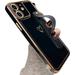 Designed for iPhone 12 Case with Wrist Strap Loop Luxury Love Heart Plating Gold Bumper Phone Cover Wristband Kickstand Full Body Protective Slim Case for Women-Black