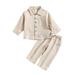 Boys Solid Long Sleeve Two Piece Set Cotton Linen Standing Neck Button Down Shirt Top+ Linen Pant with Pocket