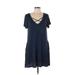 Umgee Casual Dress - A-Line Plunge Short sleeves: Blue Print Dresses - Women's Size Large