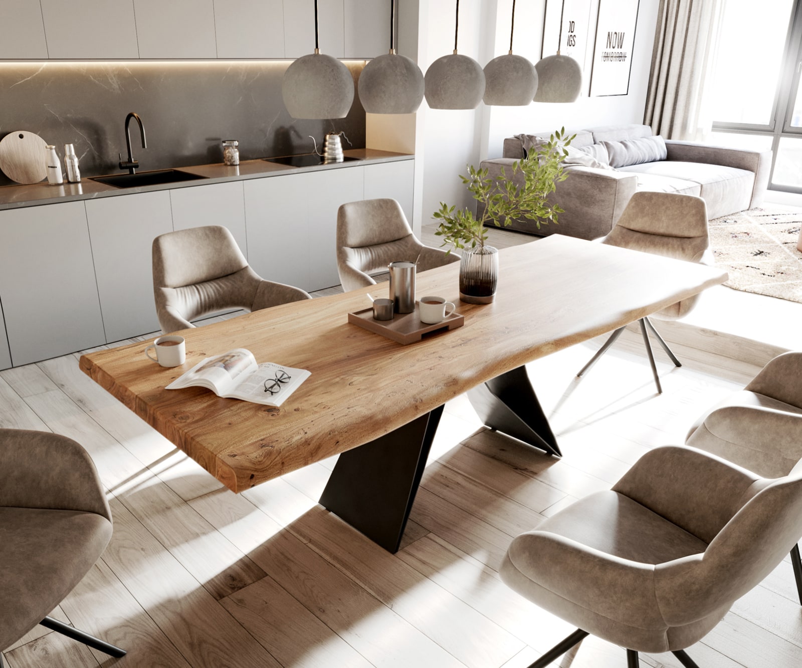 DELIFE Esstisch Edge 260x100 XL Akazie Natur V-Gestell Flachstahl Schwarz Live-Edge, Esstische, Baumkantenmöbel, Massivholzmöbel, Massivholz Image