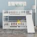 Low Bunk Bed with Slide, Twin Over Twin Bunk Bed for Kids Toddlers, Wood Floor Beds Frame with Rails for Boys Girls Teens, White