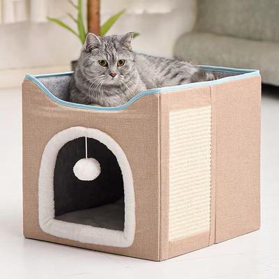 Large Cat Cave for Pet Cat House with Fluffy Ball Hanging and Scratch Pad