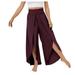 Reduce Price Hfyihgf Chiffon Wide Leg Dress Pants for Women Flowy Palazzo Pants Casual Split High Waisted Summer Beach Cropped Trousers with Pocket(Wine S)