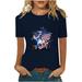 REORIAFEE Women American Flag T Shirt USA Star Stripes 4th of July Tee Shirts Patriotic Summer Top Independence Day Print Tops Crewneck Short Sleeve Navy XL