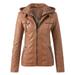 Sayhi Women s Casual Belt Collar Leather Jacket Tops Slim Zip Solid Suit Stand Collar Motorcycle Coat Coffee XXXL