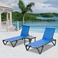 Patio Chaise Lounge Chair Set of 3 Outdoor Aluminum Polypropylene Sunbathing Chair with 5 Adjustable Position Side Table for Beach Yard Balcony Poolside(Blue 2 Lounge Chairs+1 Tbale)