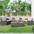 Patio Outdoor 8 Pieces Furniture Set Modern Rattan Wicker Sectional Furniture Sofa Set All-Weather Conversation Sets with Cushions and Glass Table Furniture Sets for Home Garden Pool Yard Beige