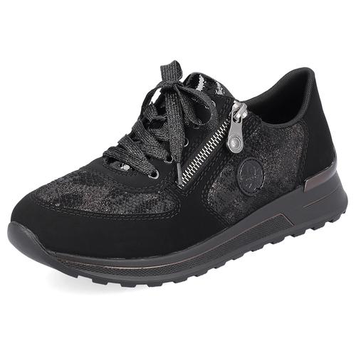 Sneaker RIEKER Gr. 38, schwarz (schwarz, kombiniert) Damen Schuhe in Metallic-Optik, Freizeitschuh, Halbschuh, Schnürschuh