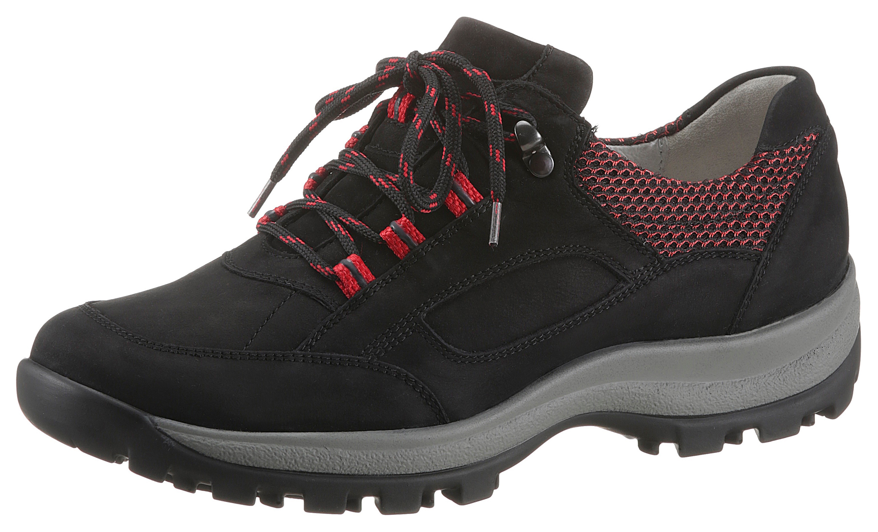 Schnürschuh WALDLÄUFER "HOLLY", Damen, Gr. 5 (38), schwarz (schwarz, rot), Nubukleder, Textil, Schuhe Schnürschuh, mit herausnehmbarem Fußbett, Freizeitschuh, Halbschuh, Schnürschuh