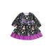 Nokiwiqis Infant Halloween Patchwork Dress Girls Pumpkin Cat Print Long Sleeve Round Neck One-piece with Bows