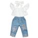 Sunisery Toddler Baby Girl 2 Piece Denim Outfits Off Shoulder Short Sleeve Shirt Crop Tops Jeans Long Pants Summer Fall Set