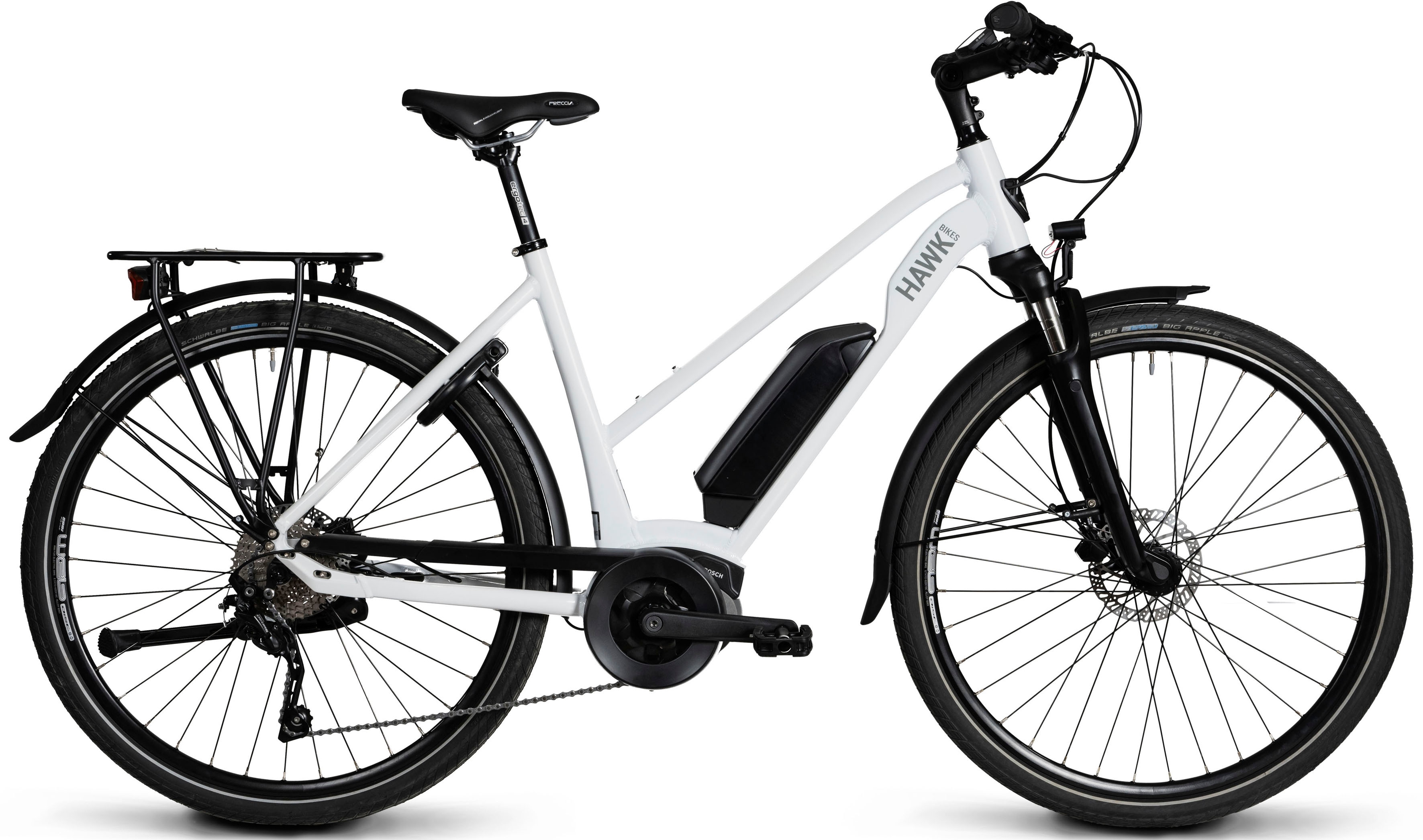 E-Bike HAWK BIKES "E-Trekking 500 Lady" Gr. 53, weiß (weiß, schwarz), Elektrofahrräder, 53cm, 28 Zoll (71,12cm), Pedelec, Elektrofahrrad für Damen u. Herren Image