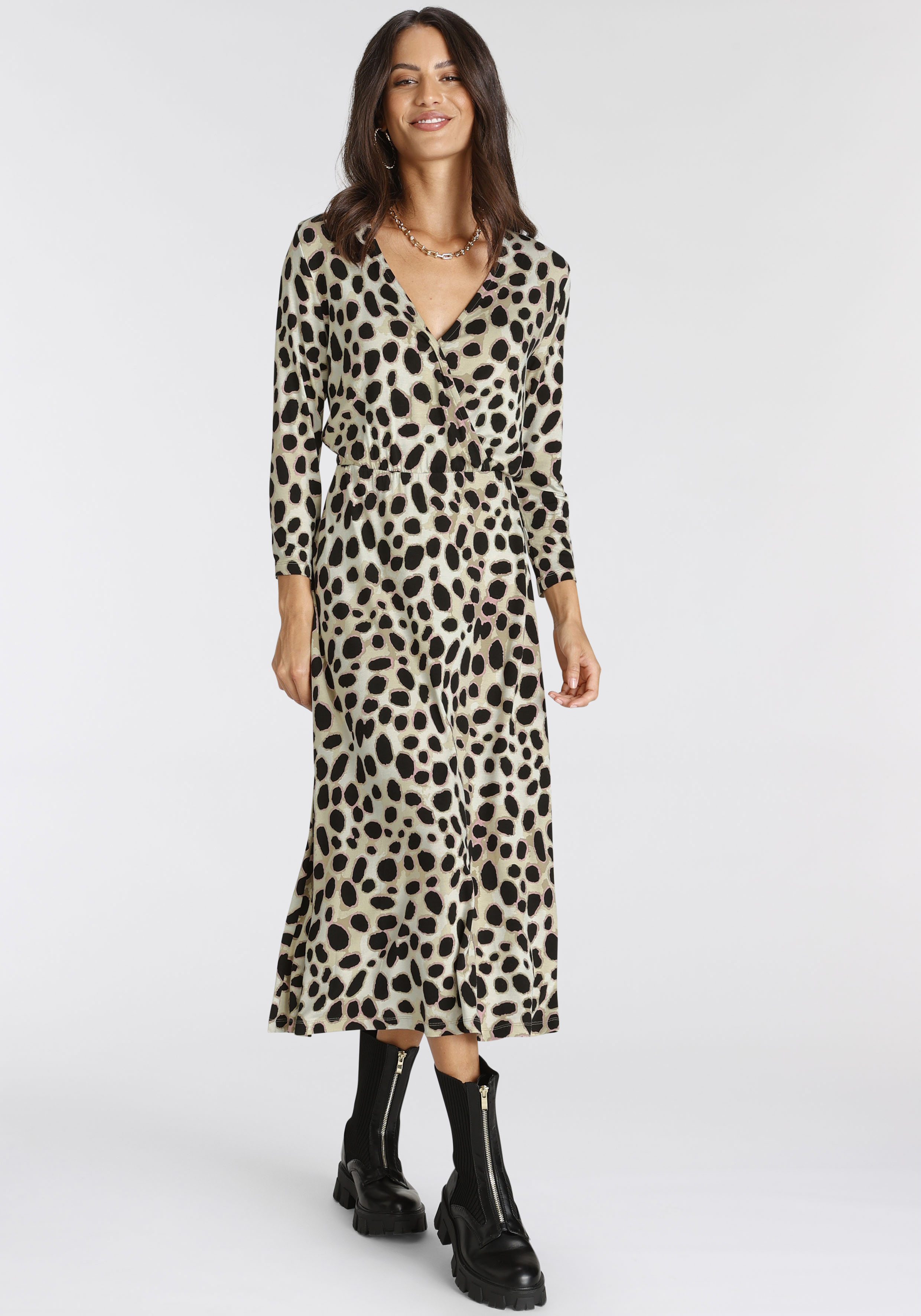 Midikleid LAURA SCOTT, Damen, Gr. 42, N-Gr, schwarz (schwarz, rosa), Single Jersey, Obermaterial: 95% Viskose, 5% Elasthan, animal-print, gemustert, ca. Mitte Wade, V-Ausschnitt, Kleider, für schicke Anlässe, wadenlang, feminin, aus Viskosemischung Image