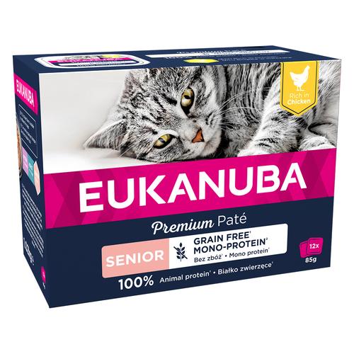 Sparpaket: 24x85g Eukanuba Senior Getreidefrei Huhn Katzenfutter nass