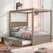 Brushed White Wood Canopy Bed with Trundle - Full Size Canopy Platform Bed, No Box Spring Needed