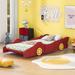 Red Pine Wood Twin Size Race Car-Shaped Platform Bed with Wheels - Unique Design - High Quality - Safety Rails