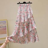 PIKADINGNIS Summer Floral Long Skirt Women Asymmetrical Ruffled A-line Chiffon Skirts Woman Elastic Waist Beach Skirt Hot Sale