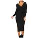 iOPQO Long Sleeve Dress Womens Dresses Sweaters for Women Women s Sexy Knotted Sweater Dress V Neck Bag Hip Long Sleeves Tie Waist Knitted Sweater Pencil Dress Women s Sweater Dress Black Xl