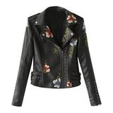 iOPQO Coats For Women Womens Casual Long Sleeve Embroidered Studded Zipper Slim Leather Jacket Black + XXL