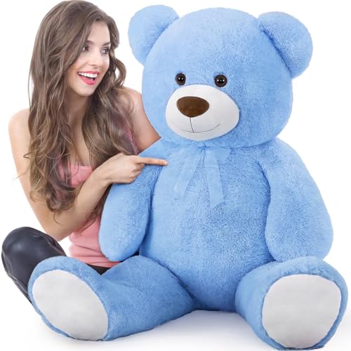 MorisMos 130cm Giant Teddy Bear Blue for Mother, Cuddly Big Bear Stuffed Animal Plush Toy Soft Large XXL, Kawaii Presents for Women Girlfriend Girls Boys Kids Birthday Party Decorations