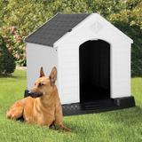 Large Dog House Plastic Dog Kennel Indoor Outdoor for Large Dogs 39 inch All Weather Doghouse Puppy Shelter with Air Vents and Elevated Floor Ventilate Grey