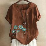 Plus Size Tops Women Cotton and Linen Tunic Blouse O-Neck Short Sleeve Tops Loose Button Baggy Daisy Blouses