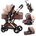 2 in 1 Baby Stroller, High View Umbrella Infant Stroller & Reversible Bassinet Pram, Compact Foldable Pushchair Storage Basket,Brown