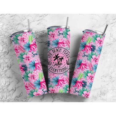 Beach Fixes Everything Pink Hibiscus Summer 20 Oz Metal Tumbler w/Lid and Straw - Multi