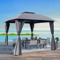 Only Choice 10 x 10 Ft. Outdoor Patio Gazebo With Curtains Steel Gazebo Double Tier Roof- Gazebos for Patios Backyard Garden and Lawn Gray