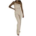 REORIAFEE Jumpsuits for Women Elegant One Shoulder Sleeveless Jumpsuit Solid Color Suspenders Bodysuit Romper for Women Sexy Backless Loose Long Playsuit Romper Jumpsuit Bodysuits for Women Khaki S