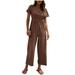 REORIAFEE Jumpsuits for Women Summer Dressy Baggy V Neck Short Sleeve Jumpsuit Solid Color Bodysuits for Women Sexy Pants Jumpsuit Jumpsuits Casual Summer Romper Jumpsuit Summer 2023 Casual Coffee S