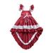 Toddler Kids Baby Girls Party Dress Summer Square Neck Flying Sleeves Lace Dresses Waist Tie Backless Irregularity Hemline Red Dress
