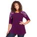 Plus Size Women's Three-Quarter Sleeve Embellished Tunic by Roaman's in Dark Berry Floral Embroidery (Size 22/24) Long Shirt
