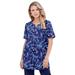 Plus Size Women's Print Notch-Neck Soft Knit Tunic by Roaman's in Navy Graphic Vine (Size 2X) Short Sleeve T-Shirt