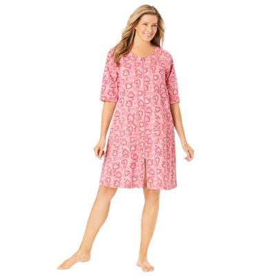 Plus Size Women's Short French Terry Zip-Front Robe by Dreams & Co. in Pink Hearts (Size L)