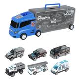 Temacd 1 Set Truck Container Toy Miniature Fire-Truck Engineering Truck Police-Car Diecast Alloy Vehicle Toy 1:50 Scale Portable Car Transporter Children Boy Toy Blue
