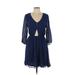 Miami Casual Dress - Mini V Neck 3/4 sleeves: Blue Print Dresses - Women's Size Large