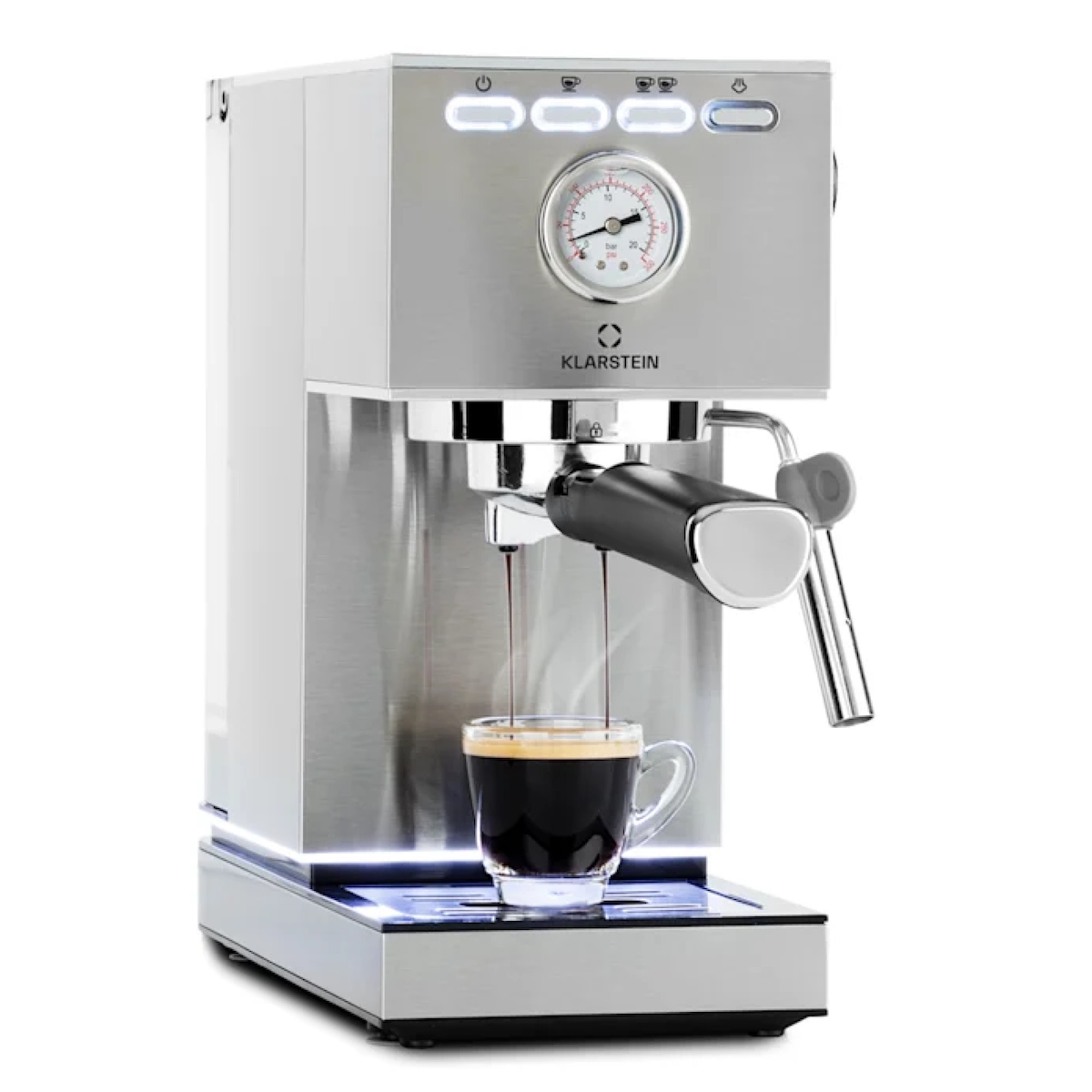 Klarstein Pausa Espressomaker 1350 Watt 20 Bar Druck Wassertank: 1,4 Liter Edelstahl Silber-Metallic
