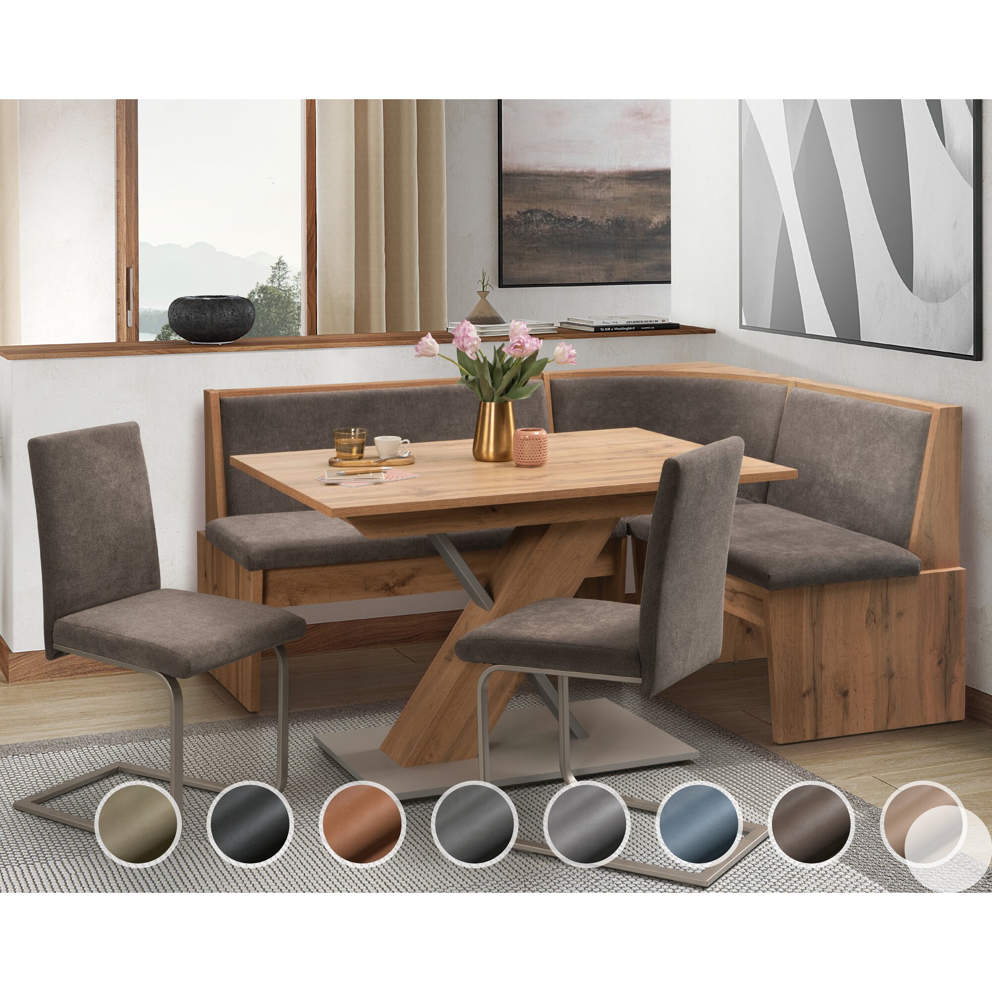 Schösswender »Inka« Eckbankgruppe I 147x187 cm / Gavin 29 schwarz / geschlossen / Rundecke / Appalachian Oak Dekor